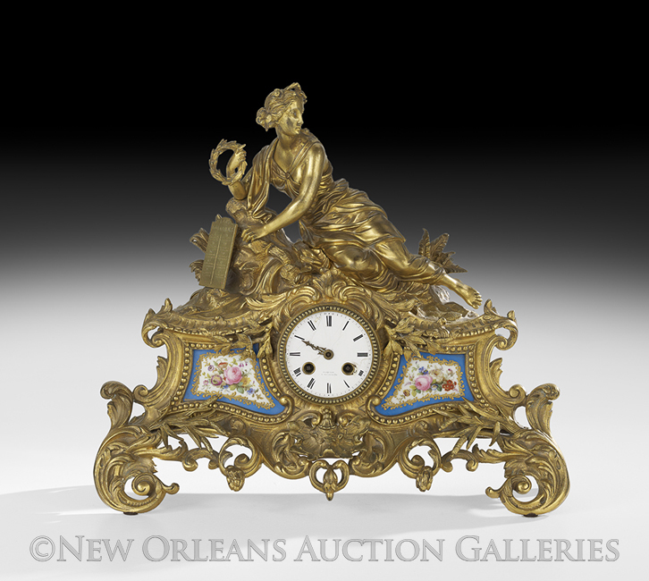 Louis-Philippe Gilt-Bronze and Porcelain Mantel Clock, mid-19th century, on pierced scrollwork feet,