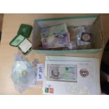 Selection in shoe box incl ‘72 silver coins x 2, few banknotes, 2 x Golden Jubilee commem covers,