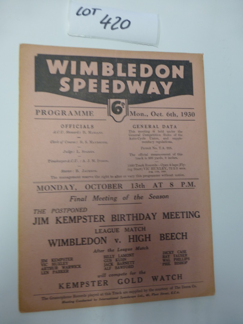 Wimbledon – South London Champs Final programme 6.10.30 4 page card, minor creases, results marked.