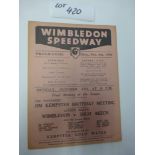 Wimbledon – South London Champs Final programme 6.10.30 4 page card, minor creases, results marked.