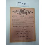 Wimbledon v Crystal Palace programme 29.6.31 – 4 page card, good cond, results marked.