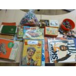 Metal Britains vintage animals, equipment, plastic soldiers in bag, plus a small cllxn of books incl