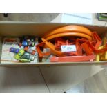 Hot Wheels – Sizzlers track and equipment in large box, plus a few cars.