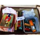 Small suitcase with meccano, die-cast matchbox, few stamps, 5 Dinky toys, all playworn.