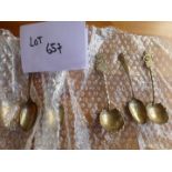 Decorated spoons (6) appear to be silver or plated, 3 are marked Sterling and the other three have