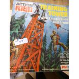 Action Man – equipment and four Action Men, clothing etc, and boxed Training Tower.