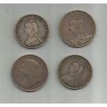 GB – Queen Victoria silver crowns, 2 half crowns/2 crowns, 1891, 1893, 1890, 1887 all good cond.