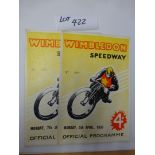 Wimbledon progs x 2 – Inter Track Pairs 5.4.37, v Belle Vue 7.6.37, both results marked and in super