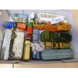 Box of Dinkys – all play worn, incl cars, trucks, transporters etc.