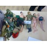 Action Man – 4 models and a box full of clothing and accessories – playworn.