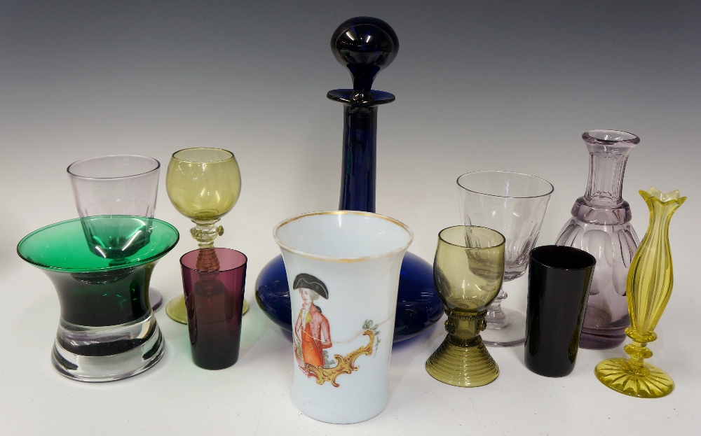 A quantity of miscellaneous Victorian and later coloured glassware including large blue glass