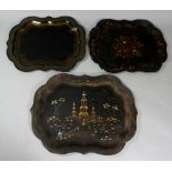 Three Victorian papier maché trays, 76cm wide and smaller,