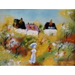 Repman ? - an enamel plaque of woman with umbrella standing in an orchard, cottages beyond,