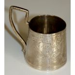 A Russian miniature tapered cylindrical beaker with angular handle the body engraved with