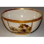 A Derby bowl the plain white body with a tapered rectangular panel painted with a view;