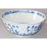 A Chinese blue and white bowl decorated to the exterior with travelling figures in landscapes,