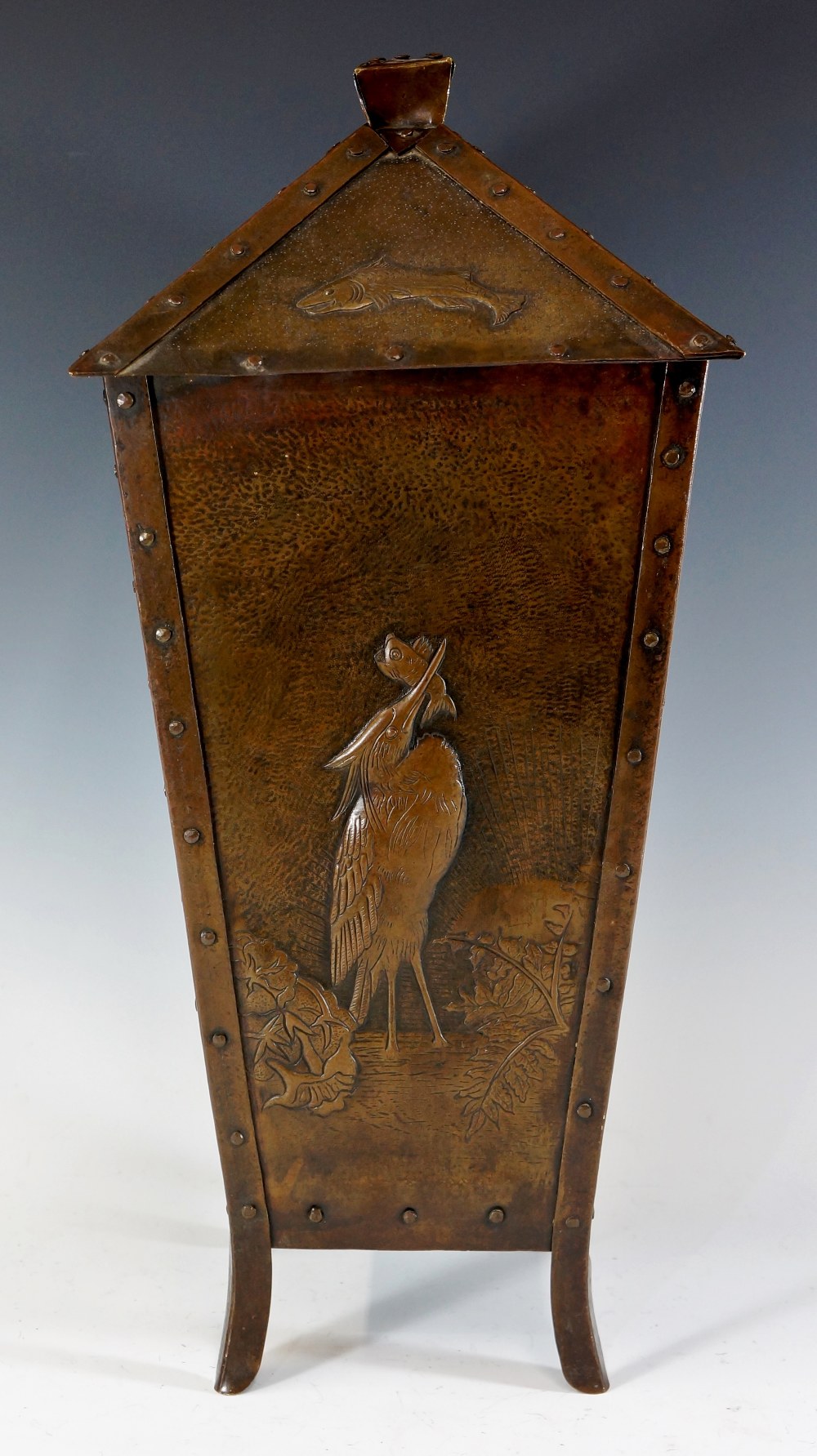 Newlyn School - a rare bronzed brass lidded casket the square cover formed as four triangular