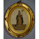 A 19th Century French needlework picture of a Saint finely worked in coloured silks and wools with