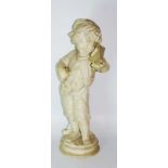 A late 19th Century white marble figure of a young child, "playing the bellows", circular plinth,