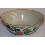 A Chinese porcelain circular bowl the exterior painted with butterflies and fruiting branch,