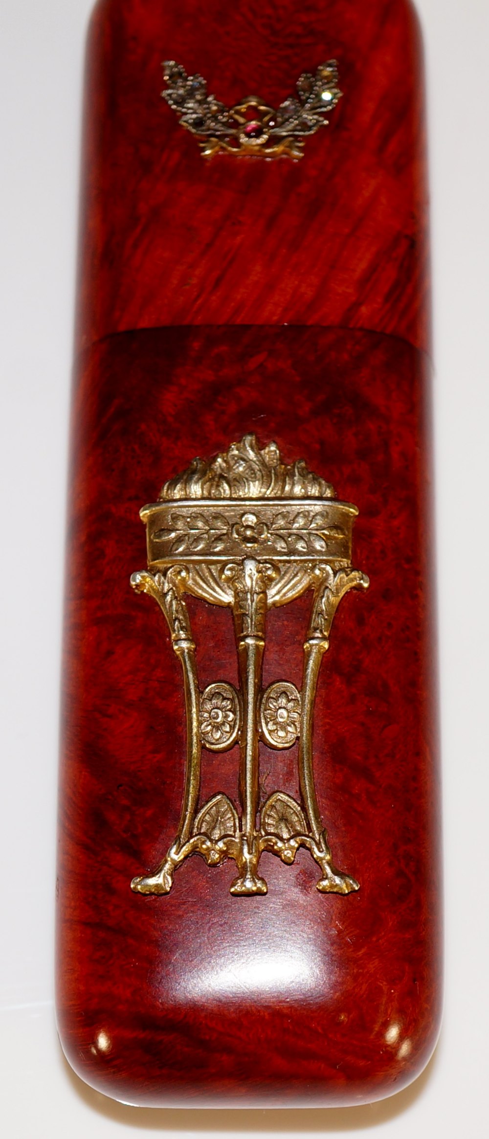 A Russian Second Kokoshnik Period stained karelian birch cigar tube the front and back applied to - Image 3 of 4