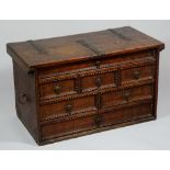 A late 17th / early 18th Century Spanish Colonial inlaid chest the hinged top with three pierced
