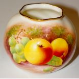A Royal Worcester spirally fluted globular shaped vase still life painted with apples and grapes on