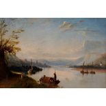 European School, mid 19th Century - a lake scene with mountains beyond, oil on artist board,