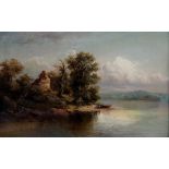 Max Sinclair - a Scottish loch scene with ruins amidst trees, figure and boat on the shore,