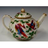 An 18th Century "Chelsea" style globular shaped teapot and cover decorated with birds amidst