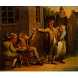 Dutch School, 19th Century - The Drunkard, outside a tavern with seated figures, oil on tin panel,