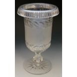 A cut and frosted glass pedestal vase on hollow stem,