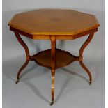 A good Victorian fiddle back mahogany octagonal centre table outlined with satinwood, coromandel,