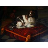 SH - a reproduction oil of a Spaniel seated on a red velvet cushion, oil on board,