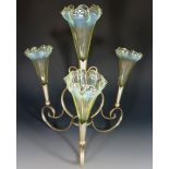 A Victorian vaseline epergne with four flutes on plated stand, frilled edges,