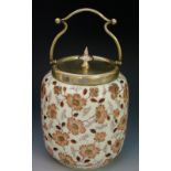 An opaline light blue glass biscuit barrel enamelled with flowers and foliage,