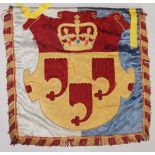 A double sided banner with armorial worked with crown and cipher, blue silk ground, fringed,