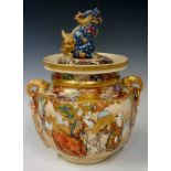 A Japanese Satsuma pottery two handled koro decorated with panels of musicians and Emperor in