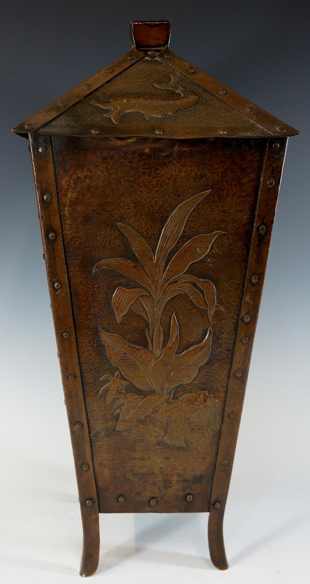 Newlyn School - a rare bronzed brass lidded casket the square cover formed as four triangular - Image 3 of 6