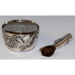 A Chinese silver shaving cup and brush the slightly tapered cylindrical cup cast with Dragon