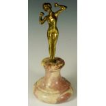 An Art Deco style brass figure of a naked young woman on waisted marble pedestal, 23cm high,