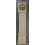 A Northern European white painted longcase clock the flared cornice with dentil moulding the door