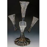 A silver plated epergne stand with four engraved square topped flutes, scallop engraved,
