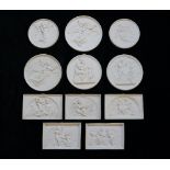 Five rectangular white bisque porcelain plaques relief moulded with classical scenes including