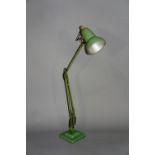 An angle poise lamp by Herbert Terry & Sons Limited, Redditch, green painted, base 15cm square,