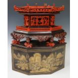 A Chinese red and black lacquer altar piece the top with provision for josticks above a body