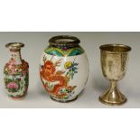 A silver mounted porcelain vase the body painted with kylin and dragon amidst stylised bamboo,