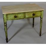 A Victorian two drawer side table with stripped pine top the base green painted,