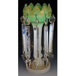 A large green and white opaline glass lustre with lotus flower shaped rim,  31.5cm high, 14.