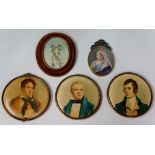 A collection of miniatures, one hand painted after Gainsborough, red velvet and gilt frame,